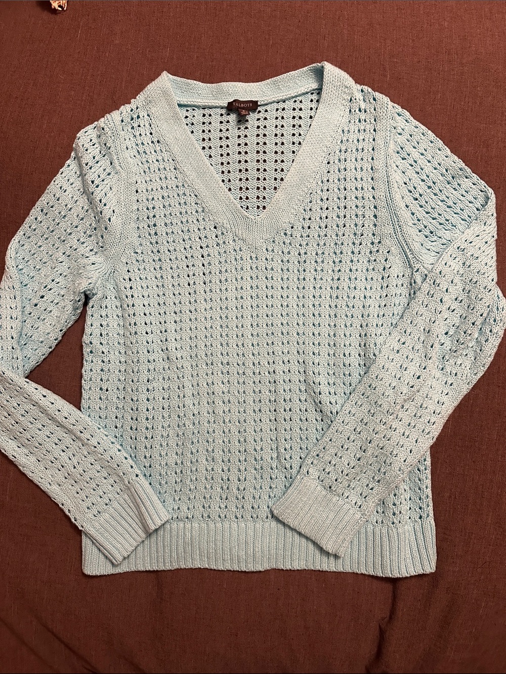 Aqua Blue V-Neck Open Knit Sweater